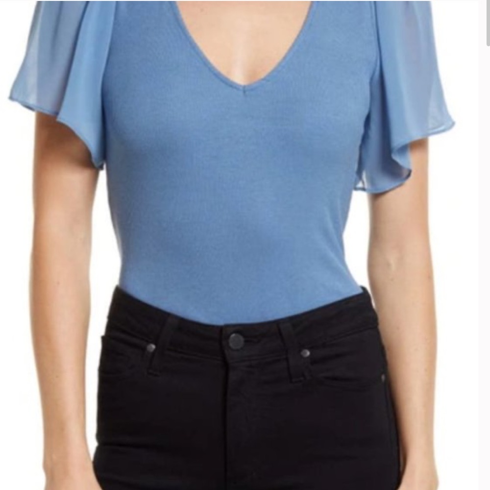 Elegant Blue Blouse with Sheer Sleeves